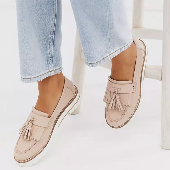ASOS Shoes - ASOS DESIGN Meze Chunky Fringed Pink Nude Neutral Leather Lug Sole Loafer